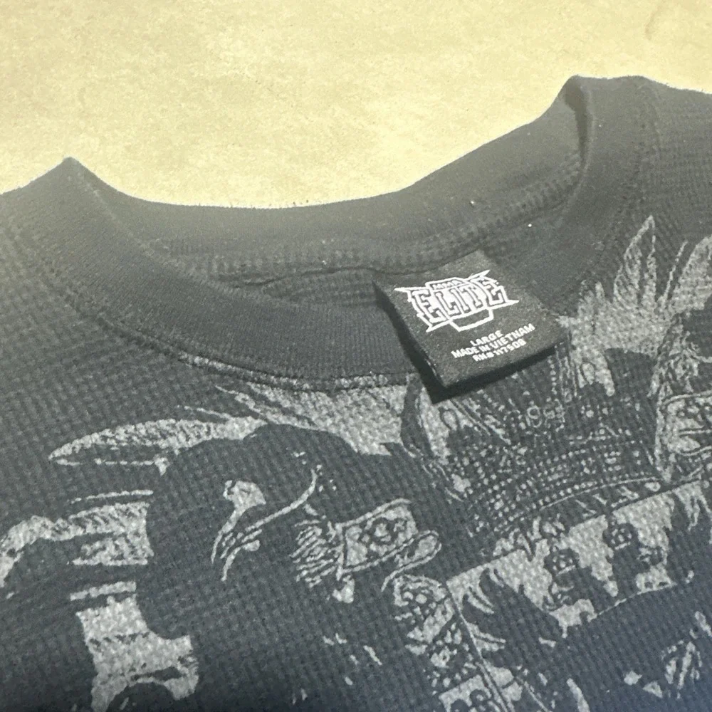 MMA Elite Men's SZ L Black Thermal Graphic Shirt Skulls Cross Phoenix Dagger Y2K